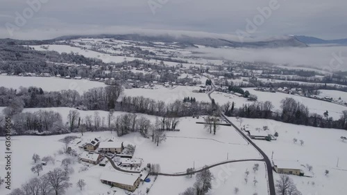 Survol d'une montage enneigée en plein hiver avec des arbres et des champs recouverts de neiges