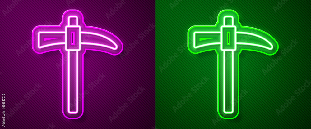 Glowing neon line Pickaxe icon isolated on purple and green background. Vector