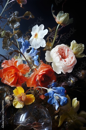 Colorful flowers in a vase on a dark background close up. Still life with flowers. Studio photography.