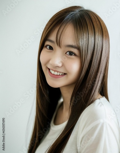 A cute long hair Japanese/Asian girl wearing a white round neck t-shirt as she looks at the angle slightly off the camera, her warm smile positivity. In a white background. generative AI.