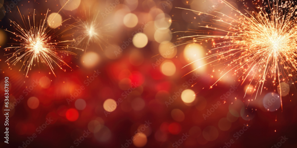 Fototapeta premium Abstract background new year, Red and gold fireworks and bokeh celebrating holiday, copy space, generative ai