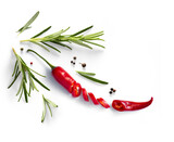 Fresh herb rosemary and red chilli pepper isolated on white background. Transparent background and natural transparent shadow; Ingredient, spice for cooking. collection for design