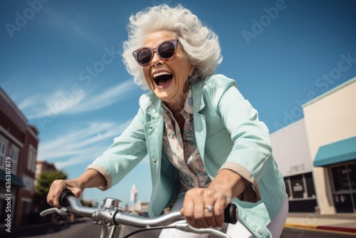 Cheerful grandmother rides a bicycle  photo
