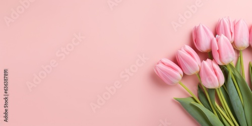 Top view tulip flowers on pink blank paper background  Copy space  generative ai. Mother s Day Concept. Feminine concept  generative ai