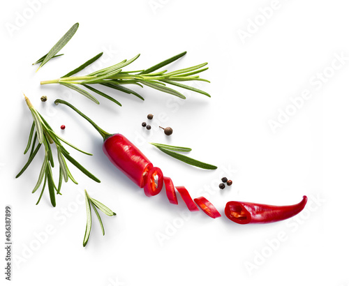 Fototapeta Naklejka Na Ścianę i Meble -  Fresh herb rosemary and red chilli pepper isolated on white background. Transparent background and natural transparent shadow; Ingredient, spice for cooking. collection for design