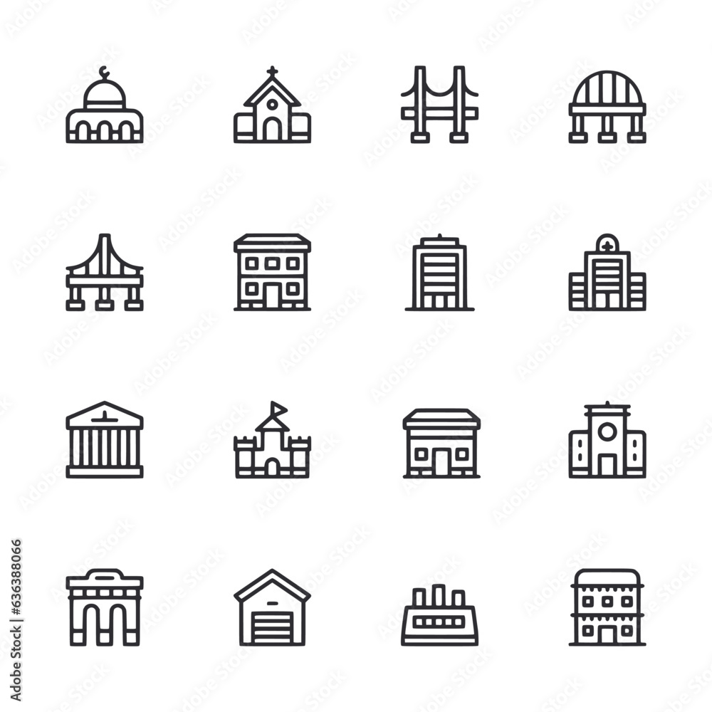 buildings outline icons set isolated on white background vector illustrationa