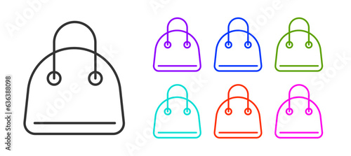 Black line Handbag icon isolated on white background. Female handbag sign. Glamour casual baggage symbol. Set icons colorful. Vector