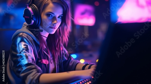 Tela Photorealistic professional gamer girl with headset play online multiplayer vide