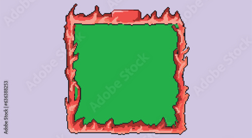 Pixelated art of frame, 8bit square frame with pixelated fire . Green screen pixelated square frame painting or portrait frame with simple pixel art of fire design.