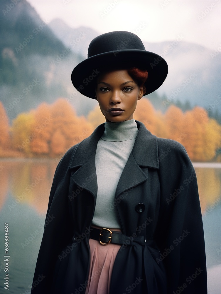 A stylish woman stands in the crisp autumn air, wearing a classic black fedora and coat as she surveys the serene mountain lake, the cloud-filled sky a perfect backdrop for fashion forward portrait