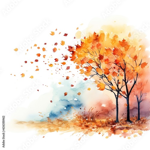 Watercolor illustration of a autumn or fall season  leaves are falling down  white background.