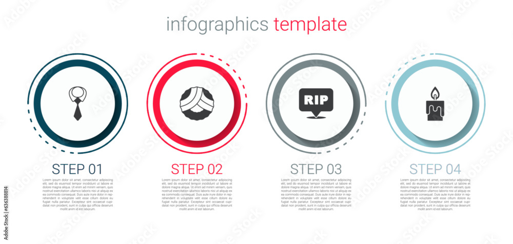 Set Tie, Memorial wreath, Speech bubble rip death and Burning candle. Business infographic template. Vector