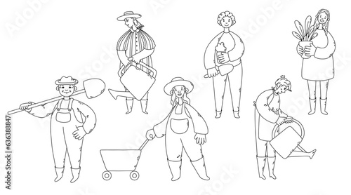 Gardeners. Different people who love gardening. Vector outline illustration