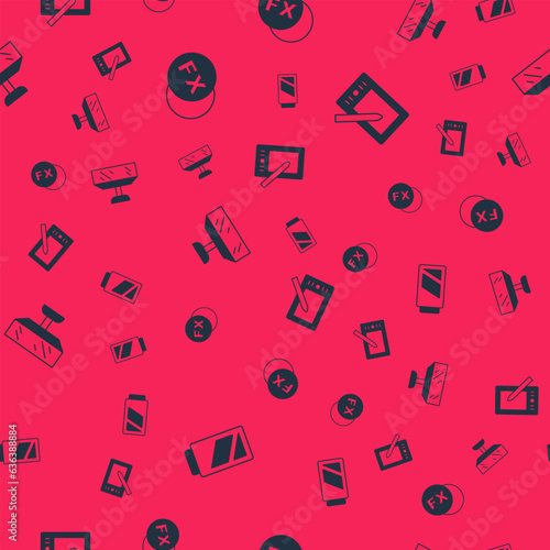 Set Battery for camera, Photo fx, Softbox light and Graphic tablet on seamless pattern. Vector