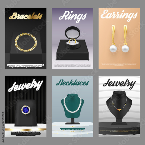 Jewelry creative promotion poster set with golden necklace ring and earrings realistic vector