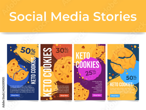 Keto cookies sale homemade pastry delicious dessert social media stories set vector illustration