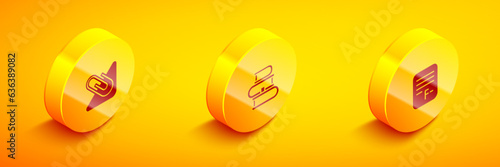 Set Isometric Paper clip, Book and Exam paper with incorrect answers icon. Vector