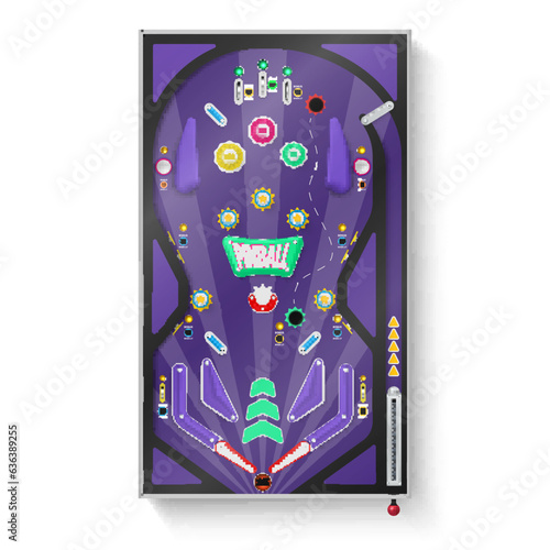 Pinball game machine field top view with shoot play ramps spinners realistic vector illustration