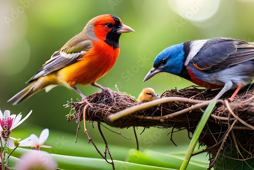 songbird male Finch feeds its hungry Chicks in a nest in a spring blooming garden 