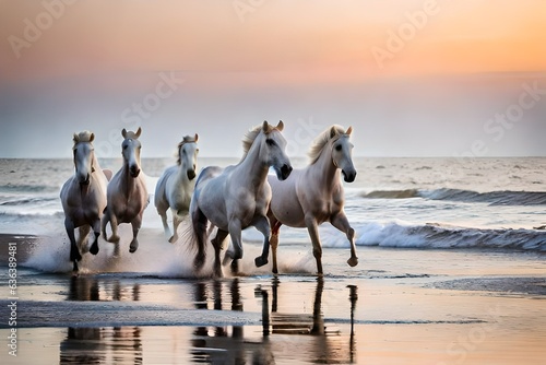 White horses of camargue running out of the water, camargue, france