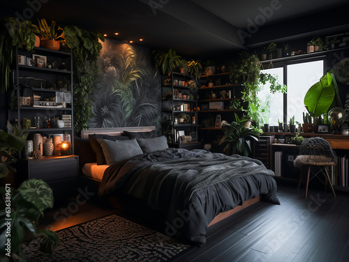 Furniture-rich black bedroom interior  subtly lit. AI Generated.