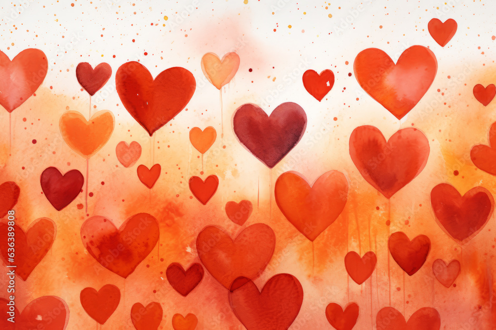 Heart Valentine Background in hand-drawn style, colorful red and pink hearts. Generative AI.