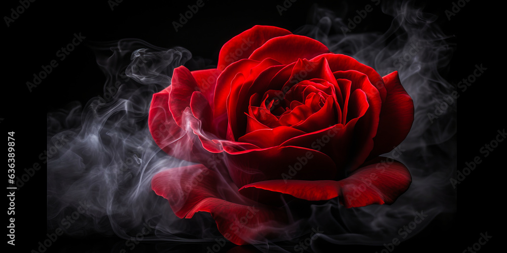 Fototapeta premium Mysterious swirling smoke gently embracing a vibrant red rose, creating an atmosphere of elegance and passion. Perfect for visually stunning campaigns.
