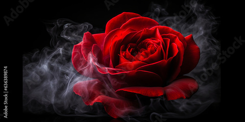 Mysterious swirling smoke gently embracing a vibrant red rose, creating an atmosphere of elegance and passion. Perfect for visually stunning campaigns.