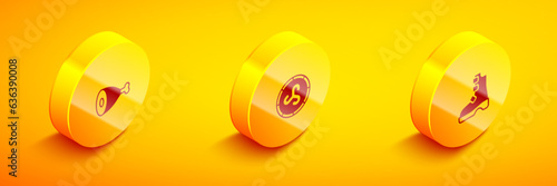 Set Isometric Chicken leg, Shield viking and Ancient boots icon. Vector