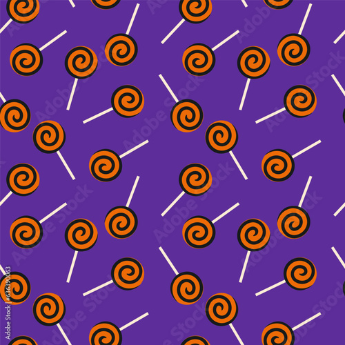 Halloween seamless pattern, candies on purple background, vector illustration.