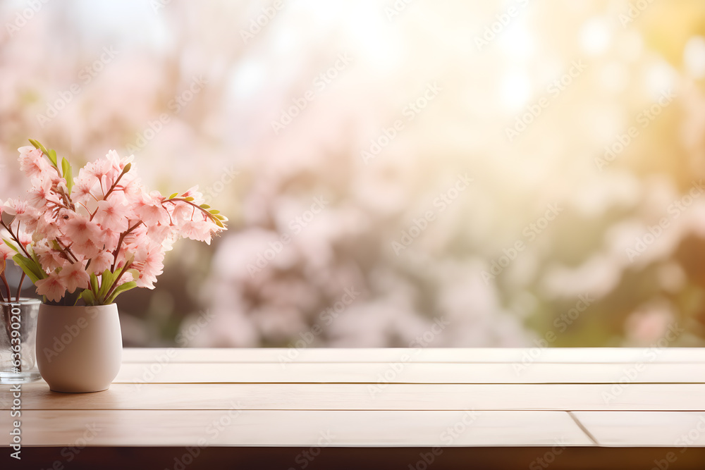 Empty table for product display with flower spring blur background ai generated