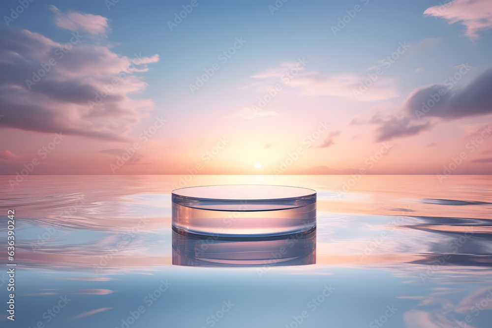 podium on water background. Show case for natural cosmetic products ai generated - obrazy, fototapety, plakaty 
