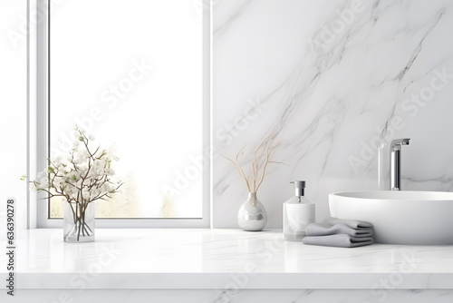 Mockup space for montage product on white marble tabletop with white luxury bathroom interior ai generated