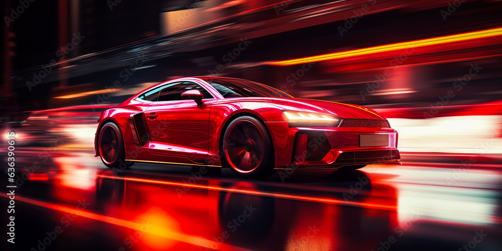 Stunning red sports car zipping through a futuristic neon-lit cityscape, vibrant reflections adding luxurious appeal. Dynamic motion blur evokes thrilling speed and energy.
