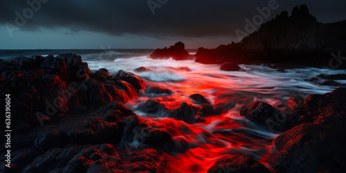 Dramatic crimson waves crashing against rocky shore, highlighting raw natural intensity and beauty. Standout visual in moody atmosphere for high impact marketing.