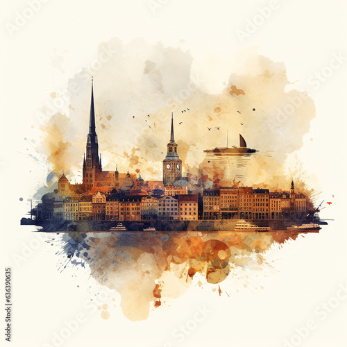 Watercolor illustration of Hamburg, Germany on a white background
