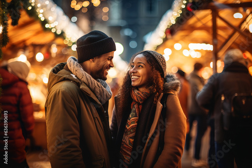 Young couple enjoying a night market in winter
