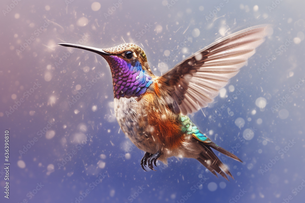 Fototapeta premium Colorful hummingbird with sparkles and a blurry background