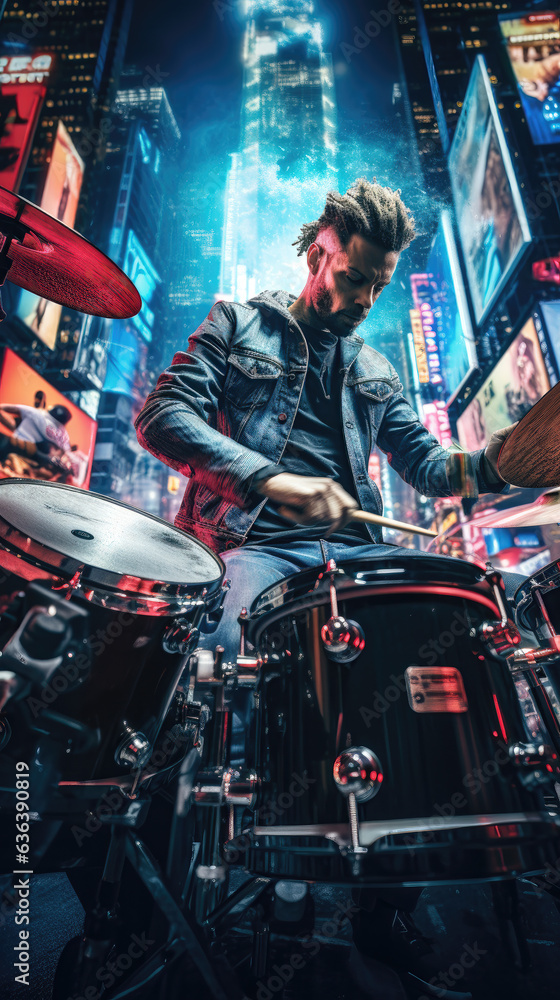 The drummer plays drums in the night city The drummer plays drums in the night city