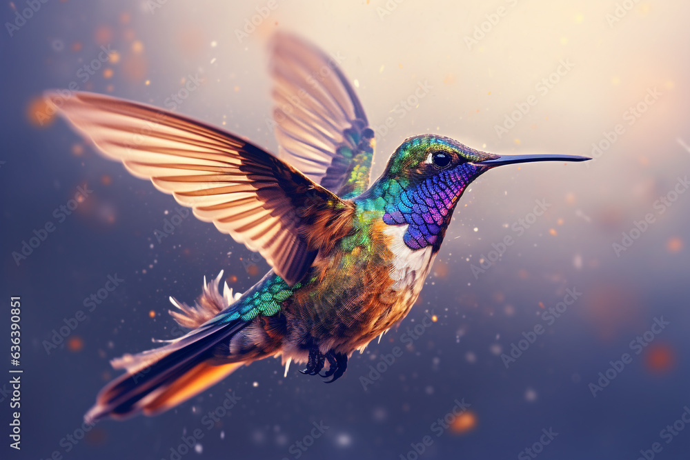 Colorful hummingbird with sparkles and a blurry background