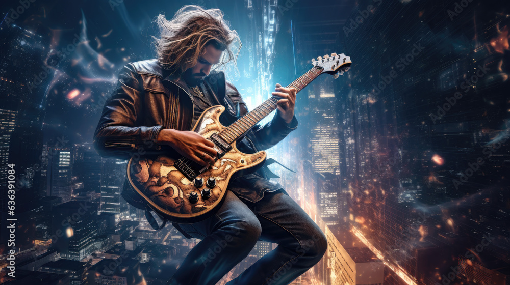 Rockstar guitarist plays guitar in the city landscape.