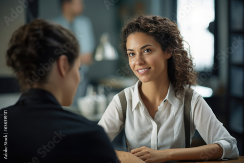 woman with curly hair talking to another woman in the office