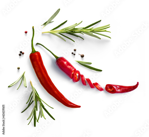 Fresh herb rosemary and red chilli pepper isolated on white background. Transparent background and natural transparent shadow; Ingredient, spice for cooking. collection for design photo