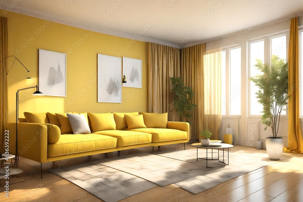 Three dimensional render of yellow colored corner of living room 3d rendering