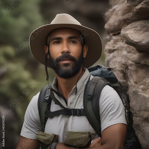 Create a portrait of a dedicated wilderness guide leading a group through a rugged terrain3
