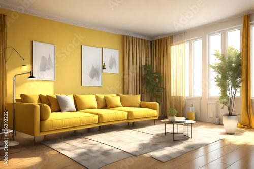 Three dimensional render of yellow colored corner of living room 3d rendering © Ahtesham