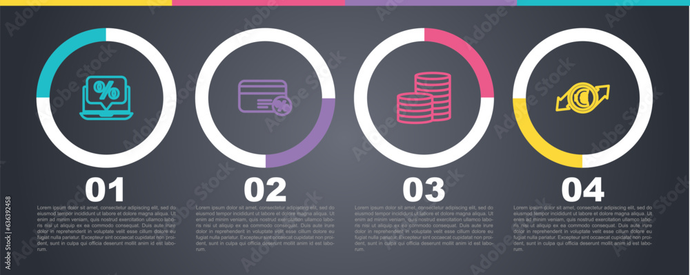 Set line Percent discount and laptop, Discount card with percent, Coin money and Financial growth euro coin. Business infographic template. Vector Set line Percent discount and laptop, Discount card with percent, Coin money and Financial growth euro coin. Business infographic template. Vector