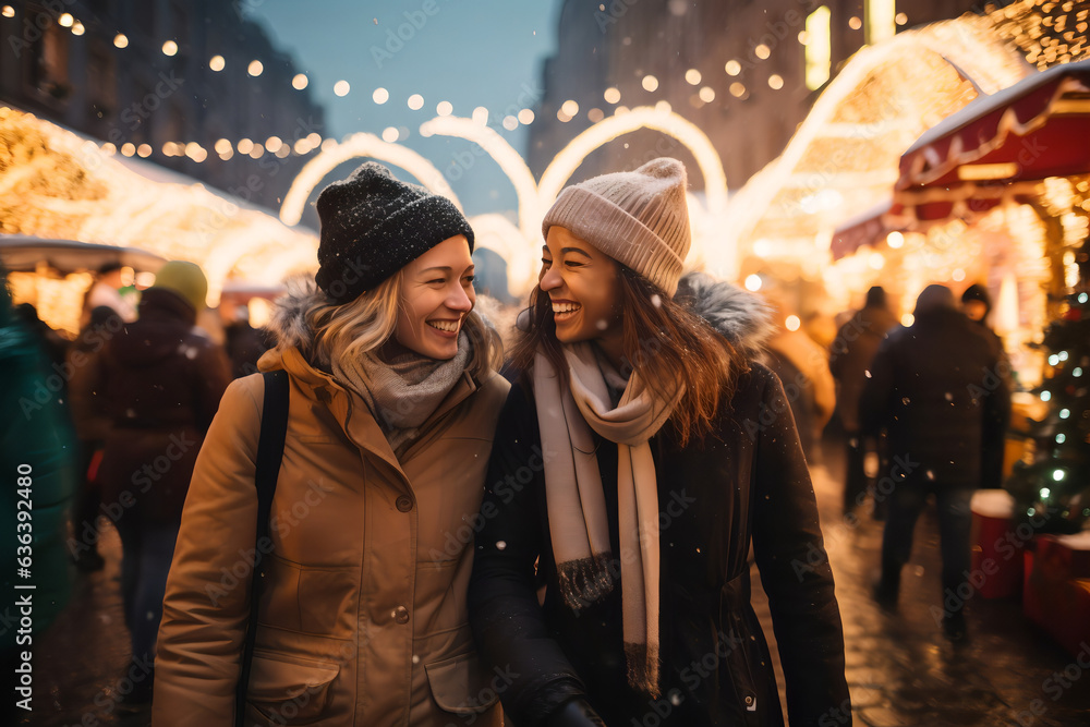 Female couple having fun at a winter night market