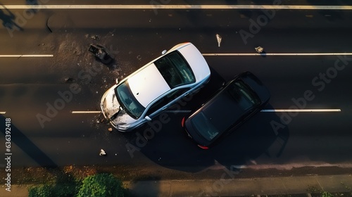 Aerial view crash of two cars on the road in the city. photo
