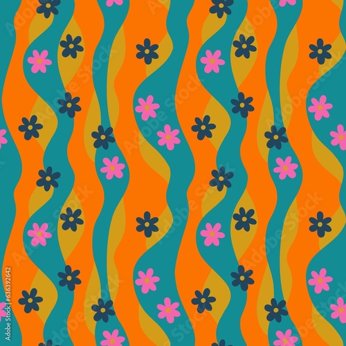 Принти на полотні Hand drawn seamless pattern with orange blue pink waves hippie flowers, retro vintage floral print